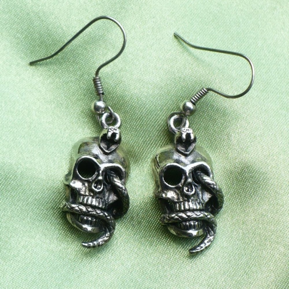 Silver Skull Snake Earrings